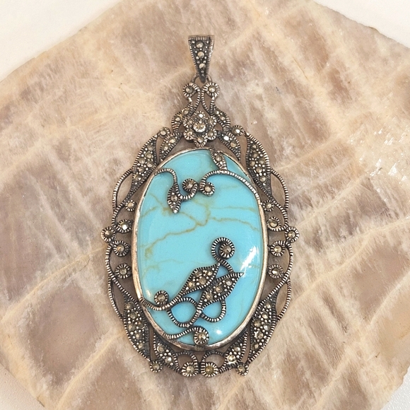 Turquoise & Marcasite Sterling Silver Pendant Floral & Leaf Design 925